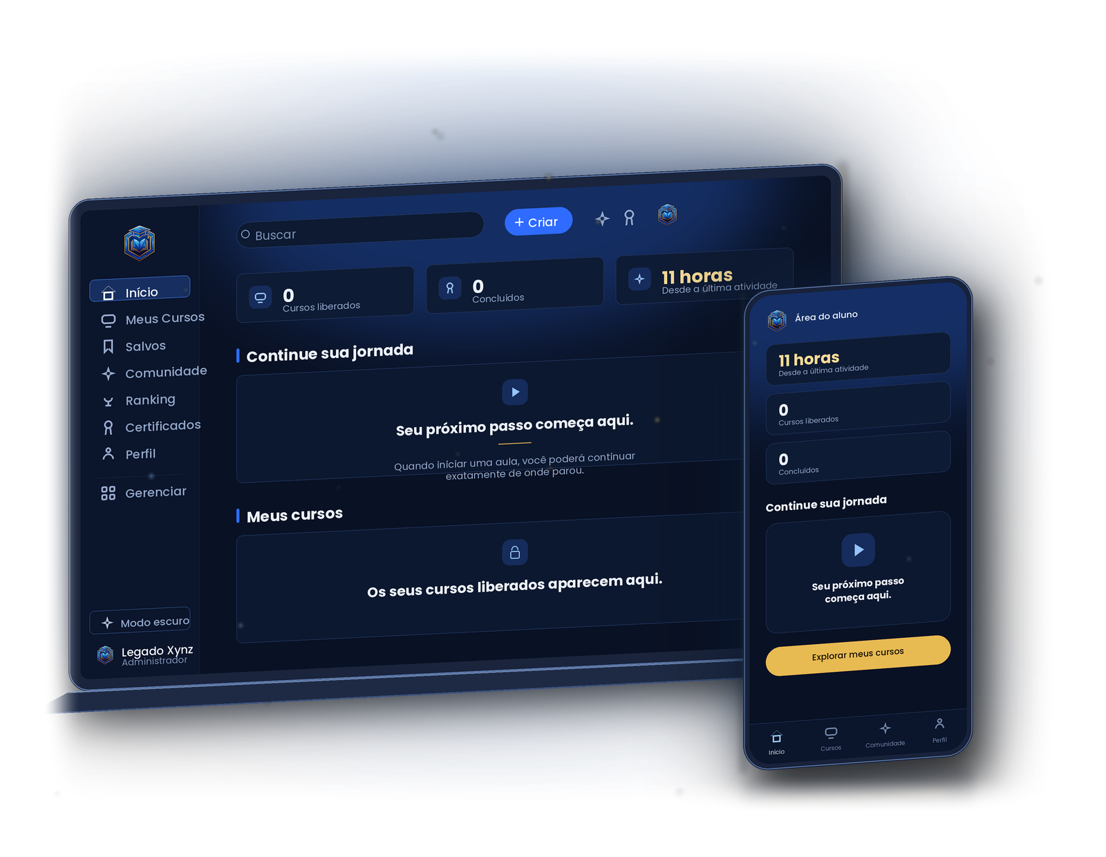 Plataforma Legado Xynz aberta no computador e no celular